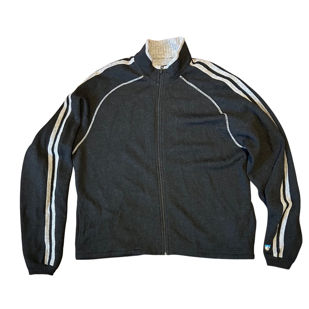 KUHL Mens XXL Black 100% Merino Wool Full Zip Sweater‎ Jacket Striped Sleeve